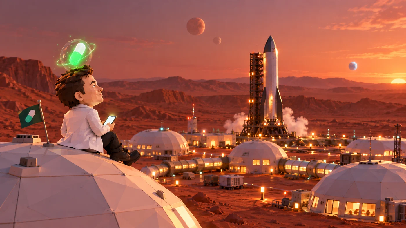 After. He sits on top of a habitat dome with his phone, the pill glowing in a glass dome on his head, a pill flag next to him.